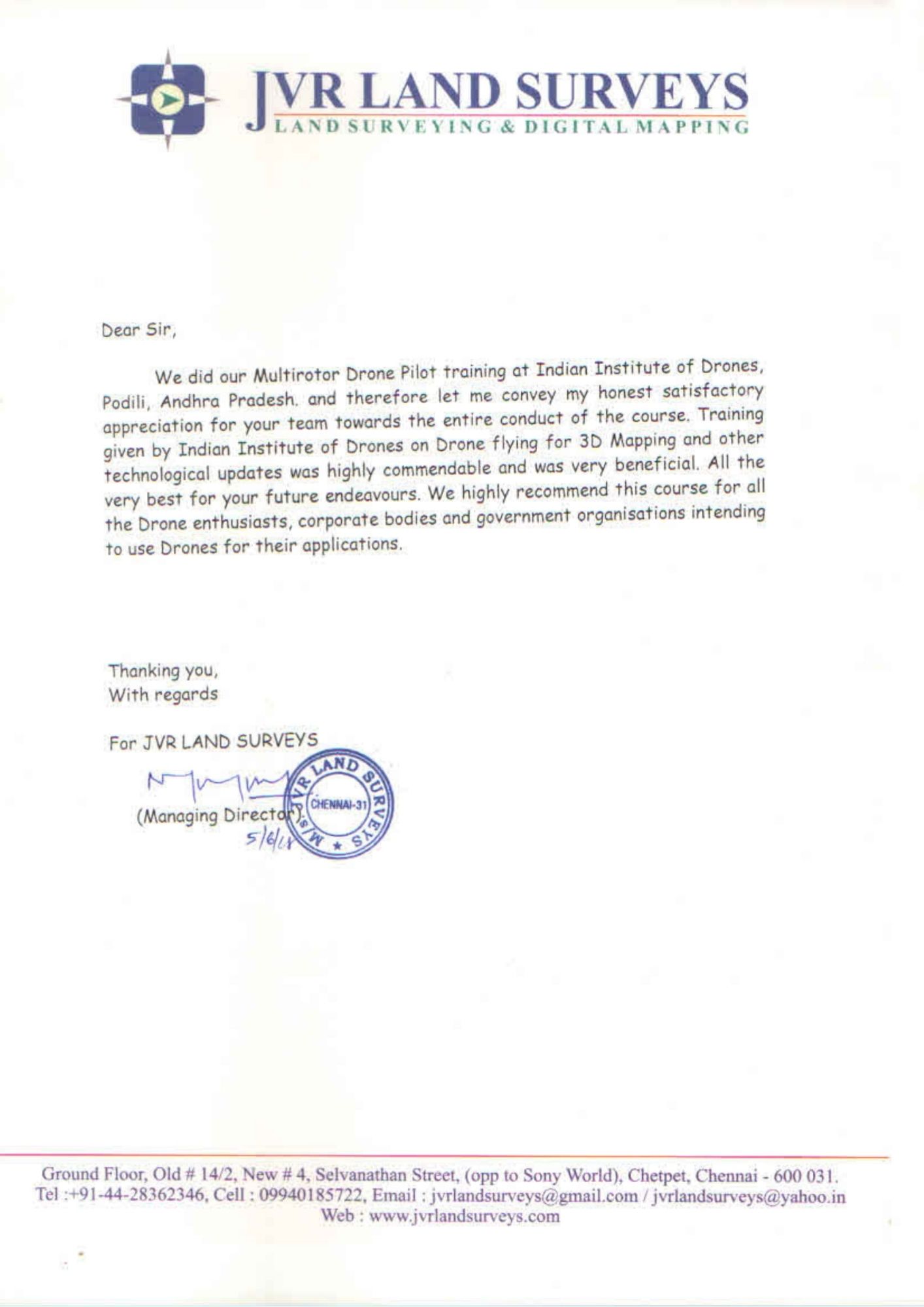 Satisfactory Letter for Drone Training Received from JVR Land Surveys